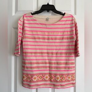 J Crew Top Size Small Striped Embroidered Pink Career Workwear Preppy